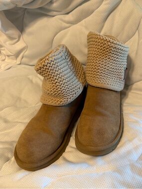 UGG Fold-Over Knit Suede Ankle Boots in Camel
